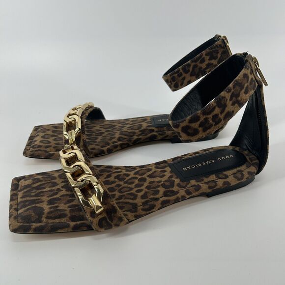 Good American Leopard Print Ankle Strap Sandals with Gold Chain Detail Size 9.5 - Picture 6 of 10